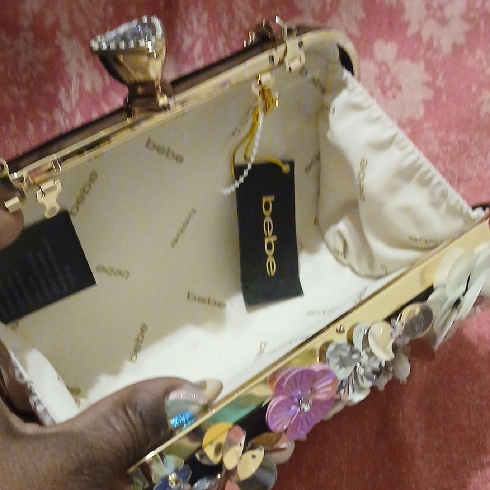 Bebe Black Floral Embellished Clutch